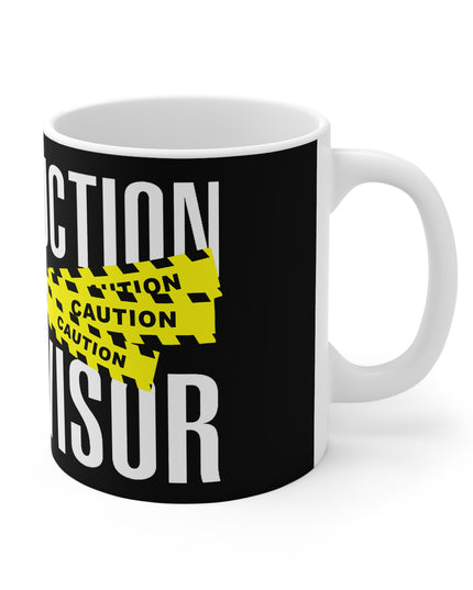 Mug with 'Caution' and 'Construction Supervisor' text design on a black background