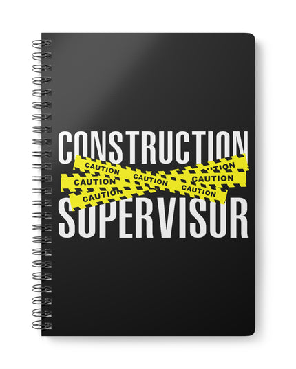 Black notebook with 'Construction Supervisor' text and yellow caution tape design on a white background