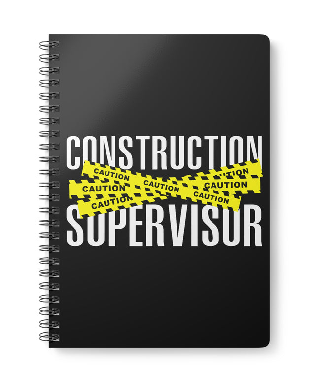 Black notebook with 'Construction Supervisor' text and yellow caution tape design on a white background