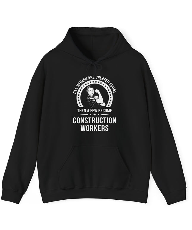 Black hoodie with white construction woman graphic and text on a white background