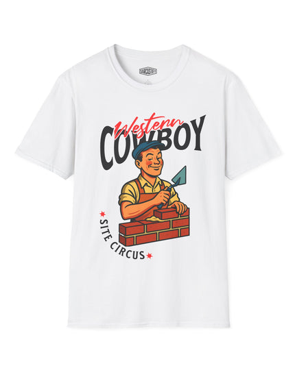 White t-shirt with a graphic of a bricklayer and text 'Western Cowboy Site Circus' on a white background