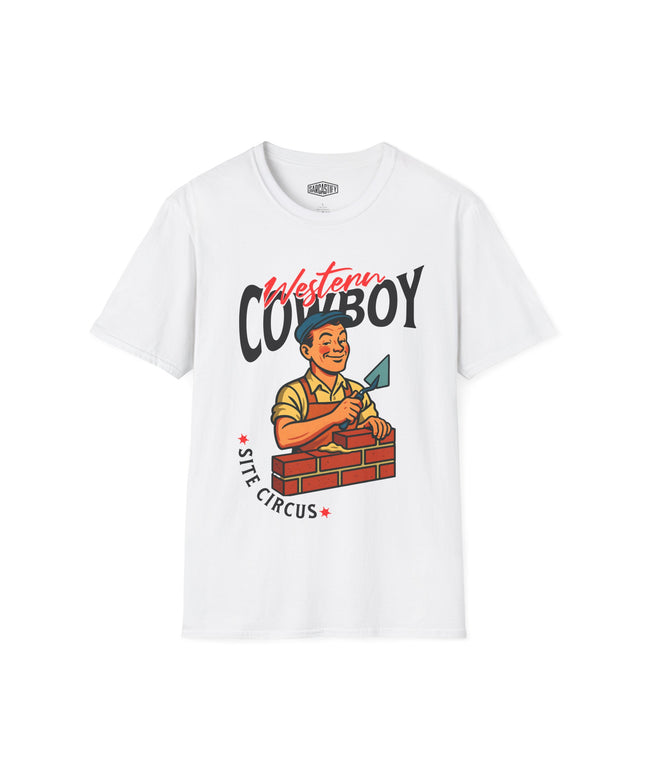 White t-shirt with a graphic of a bricklayer and text 'Western Cowboy Site Circus' on a white background