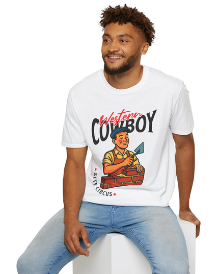 Man wearing a white t-shirt with a graphic design sitting on a white stool against a white background