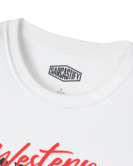 White t-shirt with red text and 'Sarcastify' logo on a white background