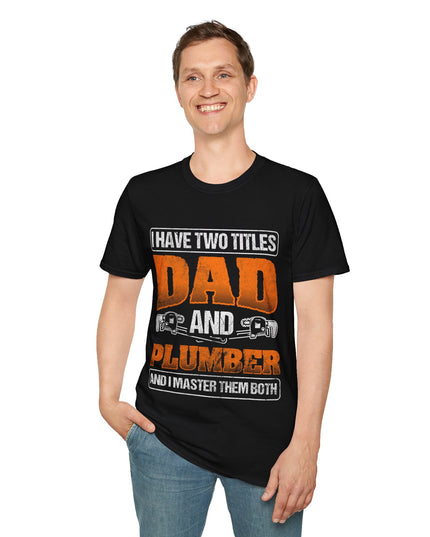 Man wearing a black t-shirt with text 'DAD AND PLUMBER' on a white background