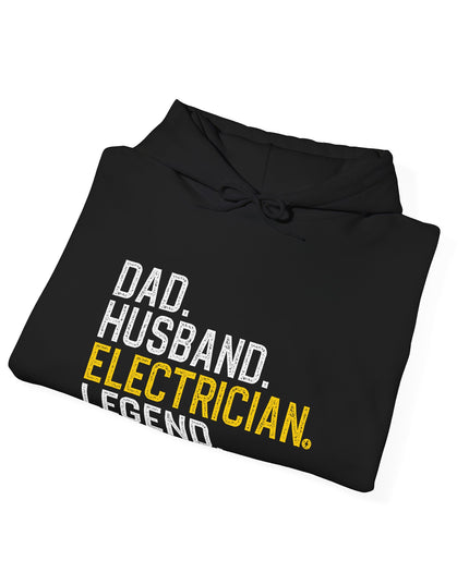 Black hoodie with text 'Dad. Husband. Electrician. Legend.' on a white background