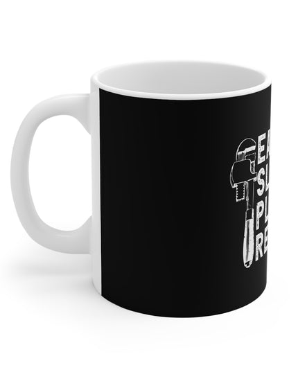 White mug with black print and white text " Eat. Sleep. Plumbing. Repeat." on a white background