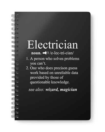 Black notebook with white text definition of an electrician on a white background