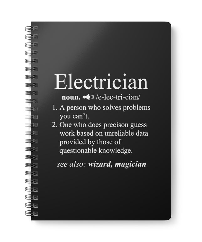 Black notebook with white text definition of an electrician on a white background