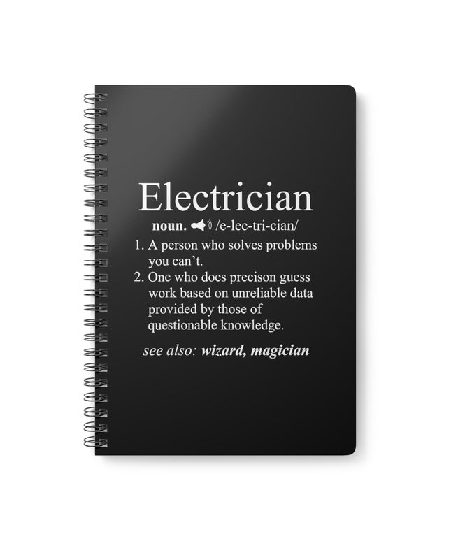 Black notebook with white text definition of an electrician on a white background