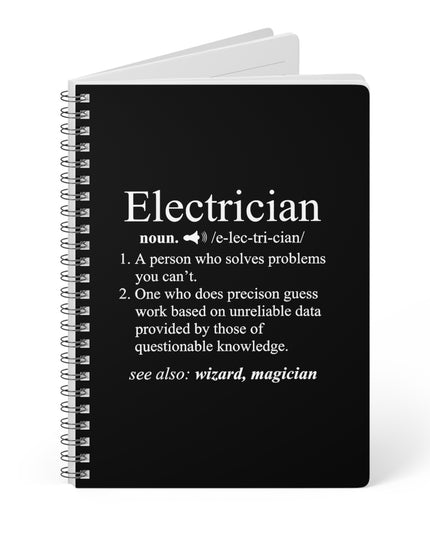 Black notebook with white text definition of an electrician on a white background