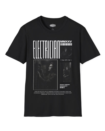 Black T-shirt on a white background with electrician images printed and white text.