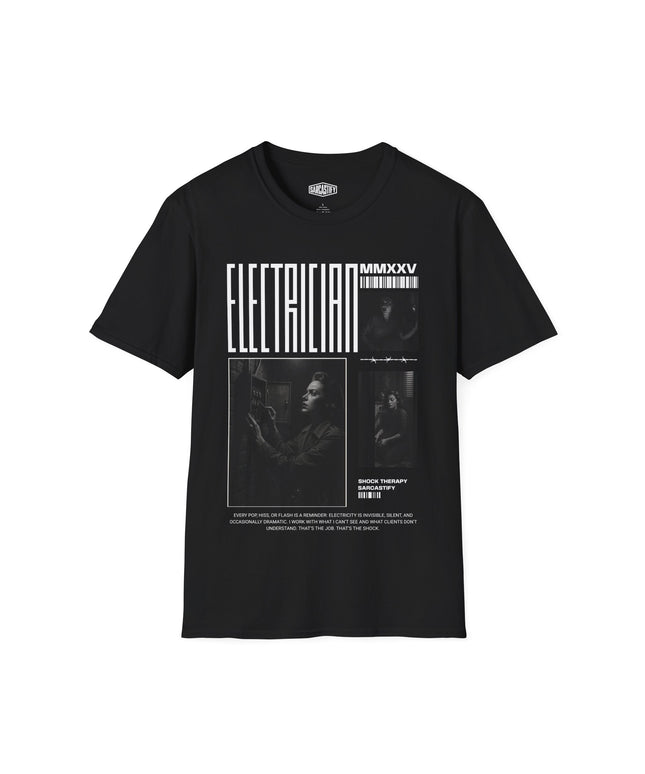 Black T-shirt on a white background with electrician images printed and white text.
