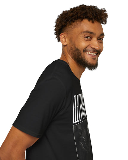 Man wearing a black shirt with electrician printing, on a white background