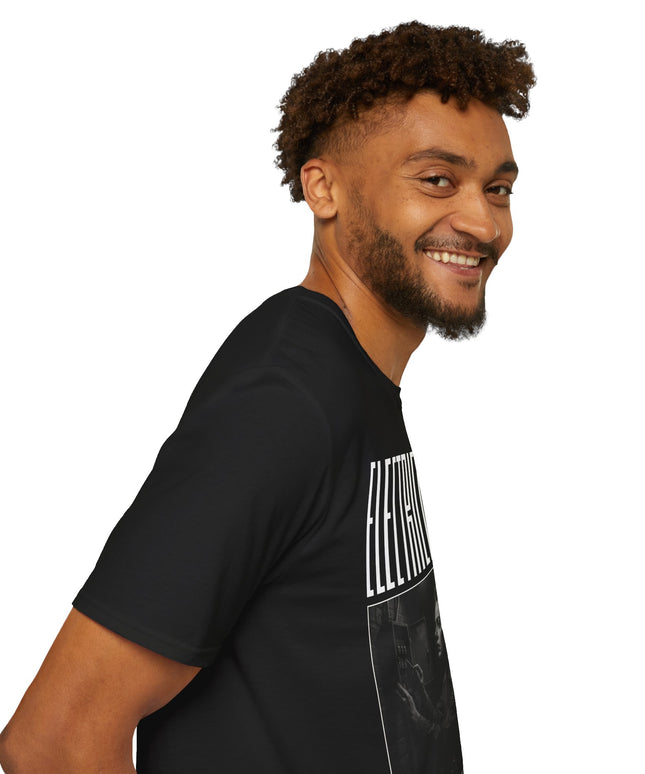 Man wearing a black shirt with electrician printing, on a white background