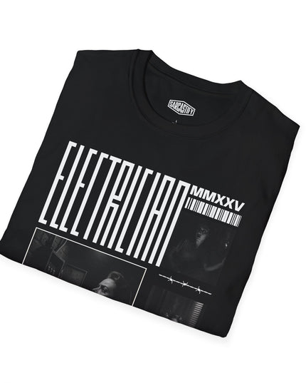 Black folded t-shirt on a white background, with white electrician text printed.