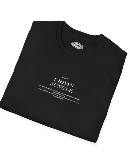 Folded black t-shirt with Urban Jungle text on a white background