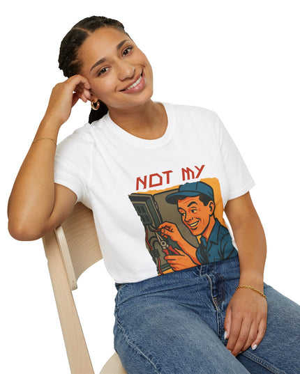 Woman wearing white t-shirt with "Not my circuit" graphic, leaning on a chair, on a white background