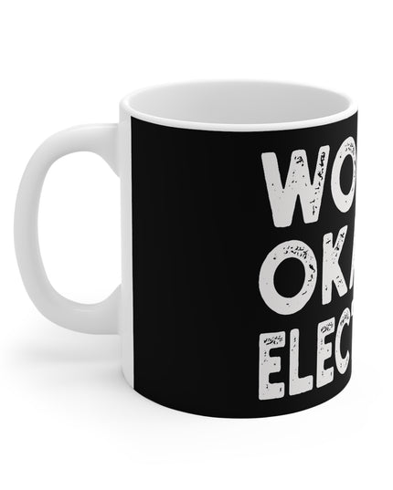 Black mug with white text on a white background