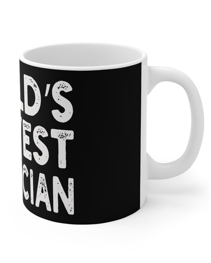 Black mug with white text 'World's Okayest Electrician' on a white background