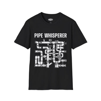 Black t-shirt with 'Pipe Whisperer' graphic design on a white background
