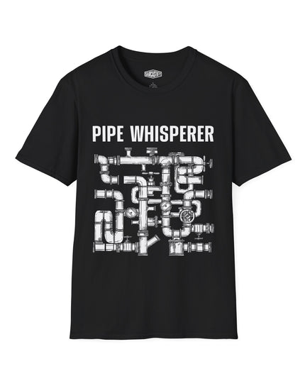 Black t-shirt with 'Pipe Whisperer' graphic design on a white background