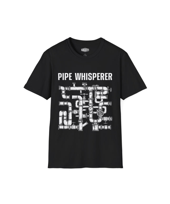 Black t-shirt with 'Pipe Whisperer' graphic design on a white background