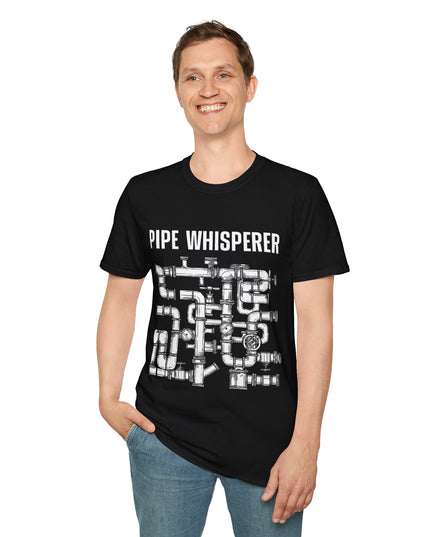 Man wearing a black t-shirt with 'Pipe Whisperer' graphic design on a white background