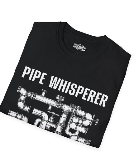 Black t-shirt with 'Pipe Whisperer' graphic design on a white background