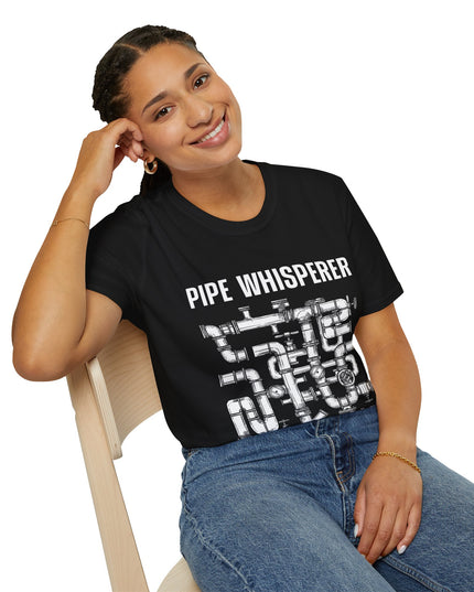 Woman leaning on a chair and wearing a black t-shirt with 'Pipe Whisperer' graphic design on a white background