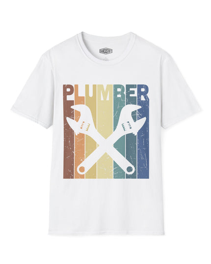White t-shirt with plumber tools, text, and a rainbow graphic on a white background