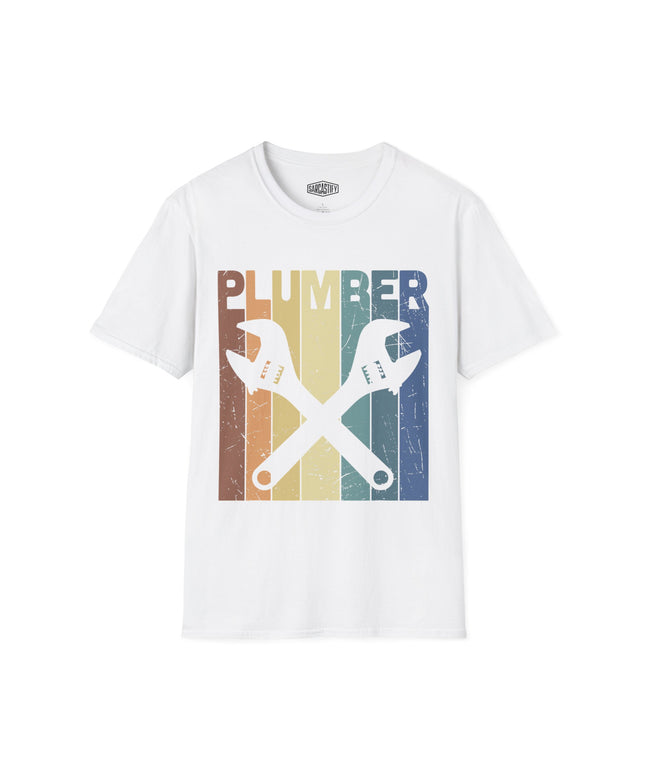 White t-shirt with plumber tools, text, and a rainbow graphic on a white background