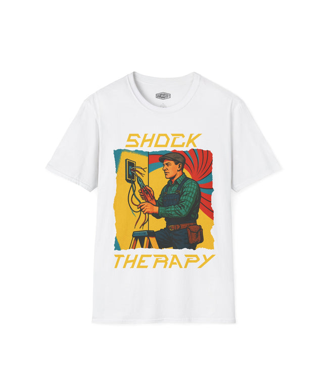 White t-shirt with a graphic design of a person holding a tool and text 'SHOCK THERAPY' on a white background