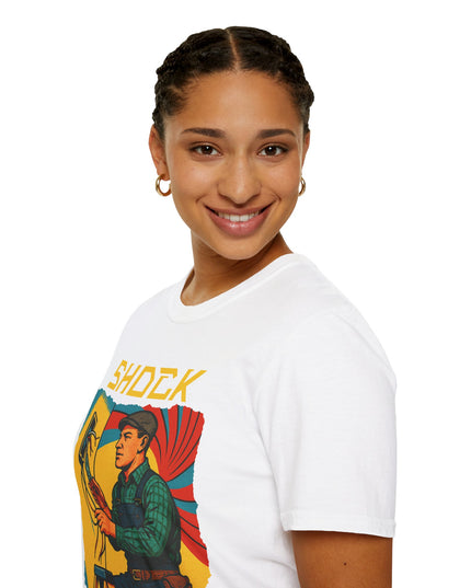 Person wearing a white t-shirt with a colorful graphic design on a white background