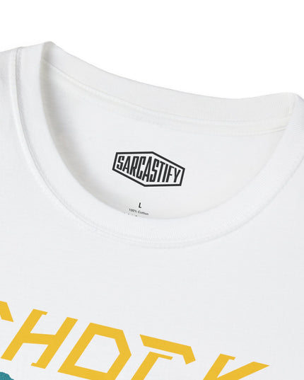 White t-shirt with yellow text and 'Sarcastify' logo on a white background