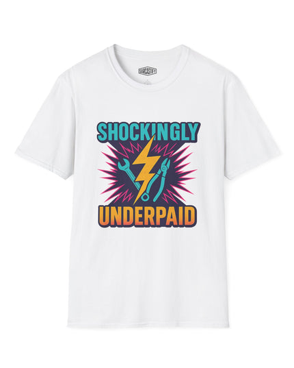 White t-shirt with colorful graphic and text 'SHOCKINGLY UNDERPAID' on a white background