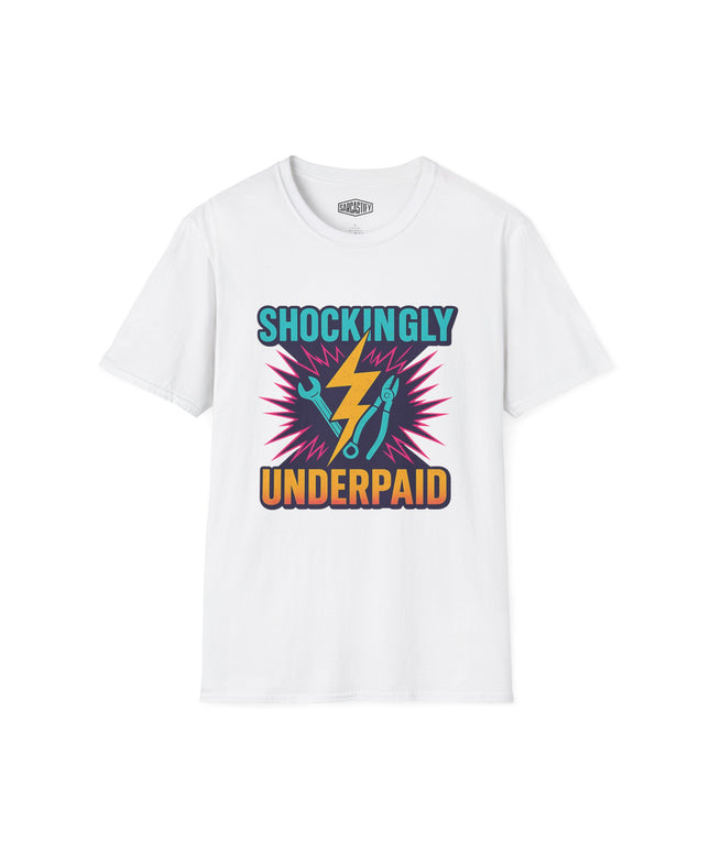 White t-shirt with colorful graphic and text 'SHOCKINGLY UNDERPAID' on a white background