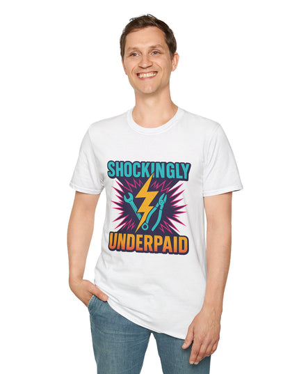 Person wearing a white t-shirt with colorful text and graphics on a white background