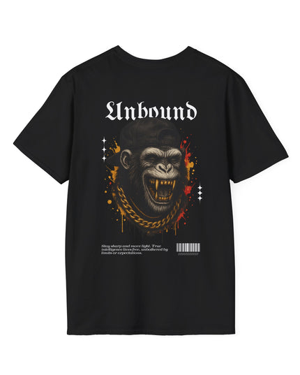 Black t-shirt with a graphic design of a monkey and 'Unbound' text on a white background