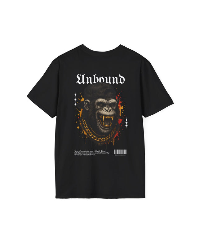 Black t-shirt with a graphic design of a monkey and 'Unbound' text on a white background