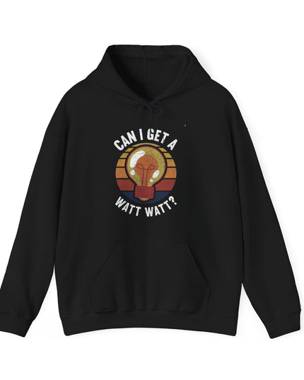 Black electrician hoodie with "Can I get a Watt Watt?" graphic printed, on a white background