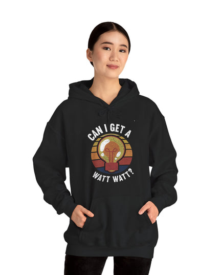 Woman wearing a black hoodie with "Can I get a Watt Watt?" graphic printed, on a white background