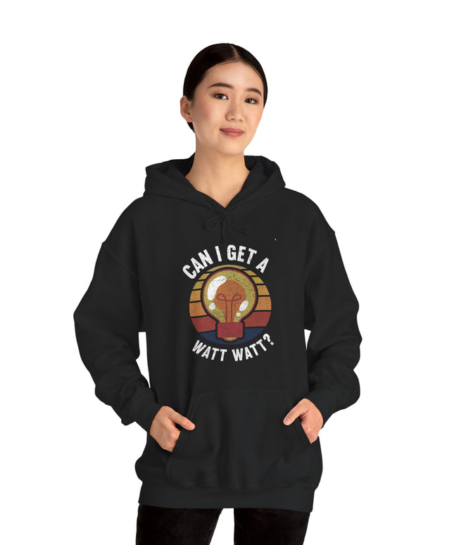 Woman wearing a black hoodie with "Can I get a Watt Watt?" graphic printed, on a white background