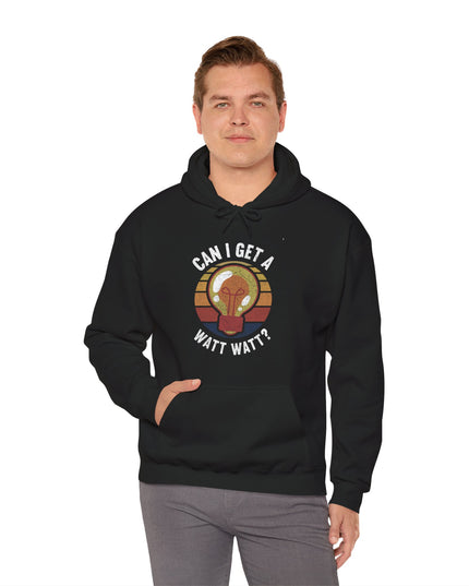 Man wearing a black hoodie with "Can I get a Watt Watt?" graphic printed, on a white background