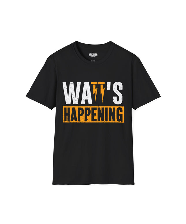 Black t-shirt with 'WATTS HAPPENING' text design on a white background