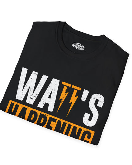 Black t-shirt with 'WATTS HAPPENING' text on a white background