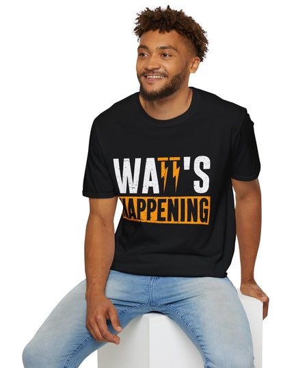 Man wearing a black t-shirt with 'WHAT'S HAPPENING' text, sitting on a white stool against a white background.