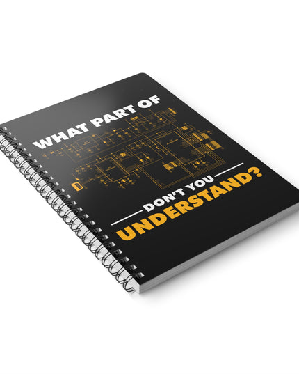 Black spiral-bound notebook with text design on a white background